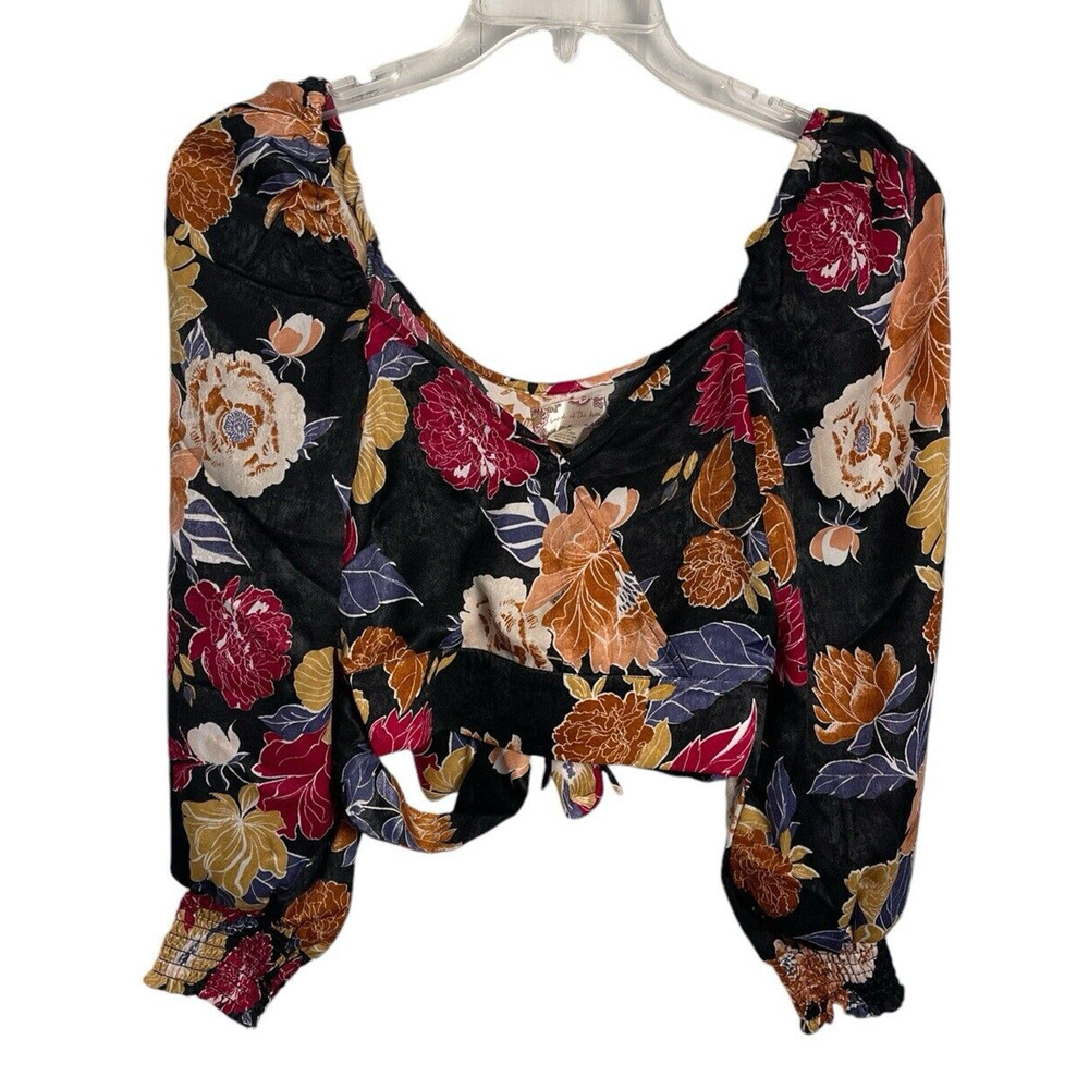 Band Of The Free Crop Top Size XS Balloon Sleeves Floral Black Berry Peasant NWT
